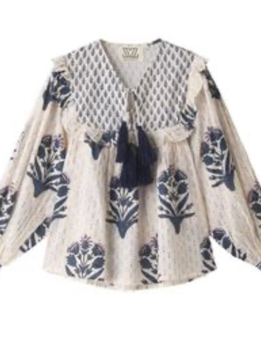 Embroidered Cream Peasant Blouse with Navy Floral Print - Picture 1 of 8